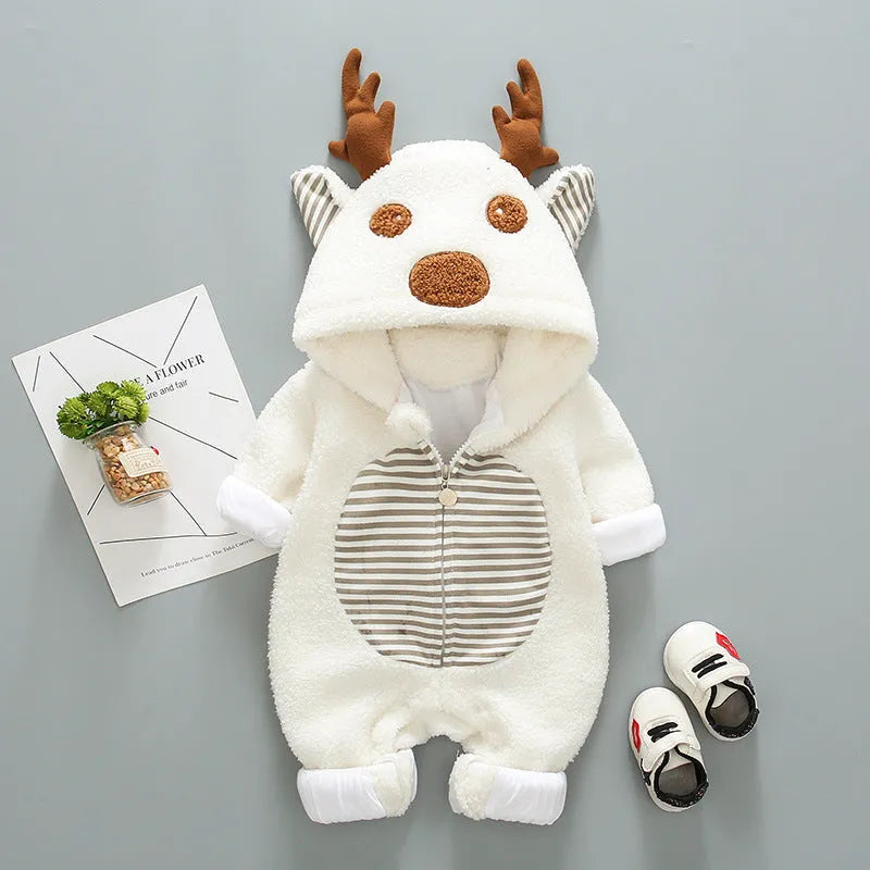 Long-sleeved baby romper with front lace-up strap closure in a khaki colour.