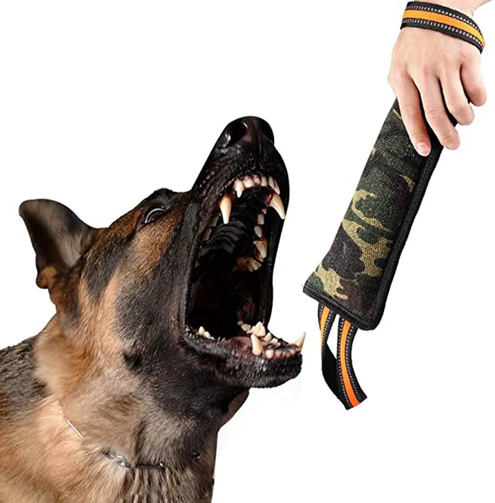 55 cm long yellow-edged jute dog bite stick with reflective strips for training and tug play.