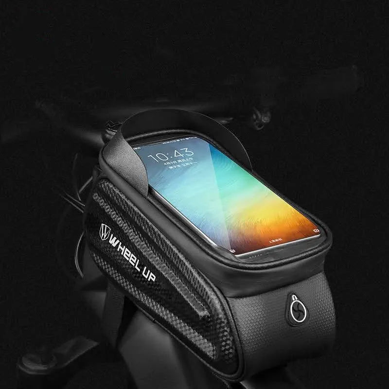 Black grey EVA bicycle phone bag with touchscreen window and reflective straps mounted on mountain bike frame