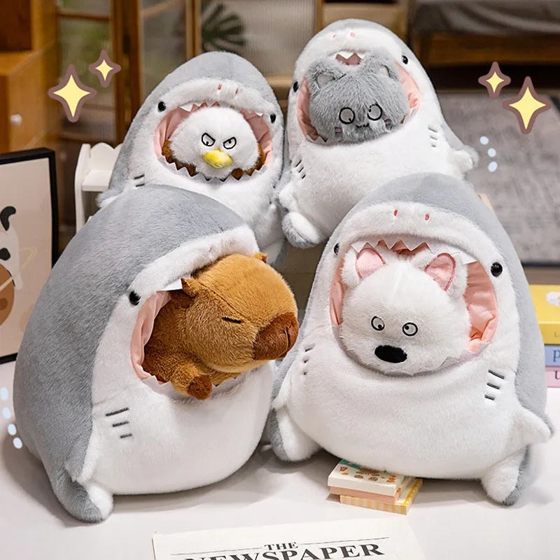 Detachable plush doll in shark theme, 30cm size, showing soft plush fabric and colourful design
