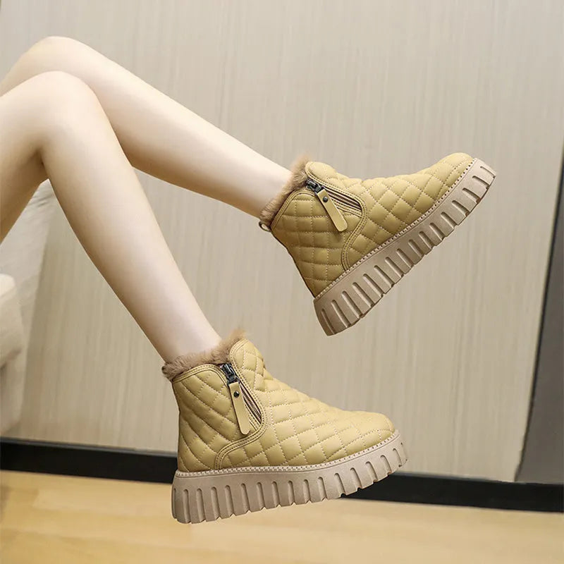 Women's plaid pattern platform ankle boots with side zipper and plush lining in khaki