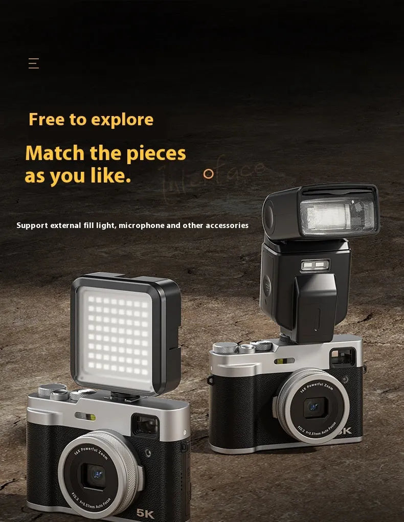 Black or brown 5K digital camera with dual lenses, a 2.88-inch screen, and an optical viewfinder on top.