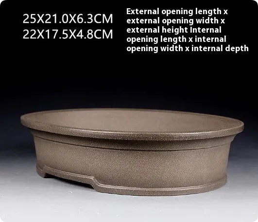 Handmade antique oval purple sand clay bonsai pot for succulents, 25x21x6.3 cm.
