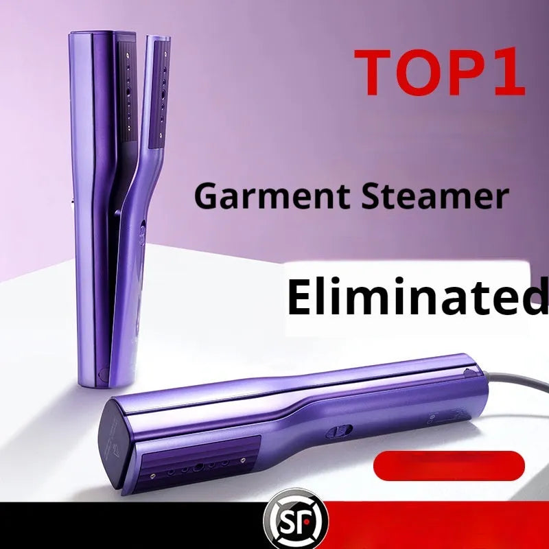 Handheld garment steamer with plastic body showing hanging and flat ironing modes