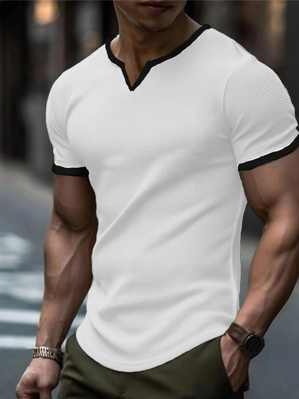 Colour-block V-neck outdoor sports T-shirt in waffle polyester fabric with short sleeves