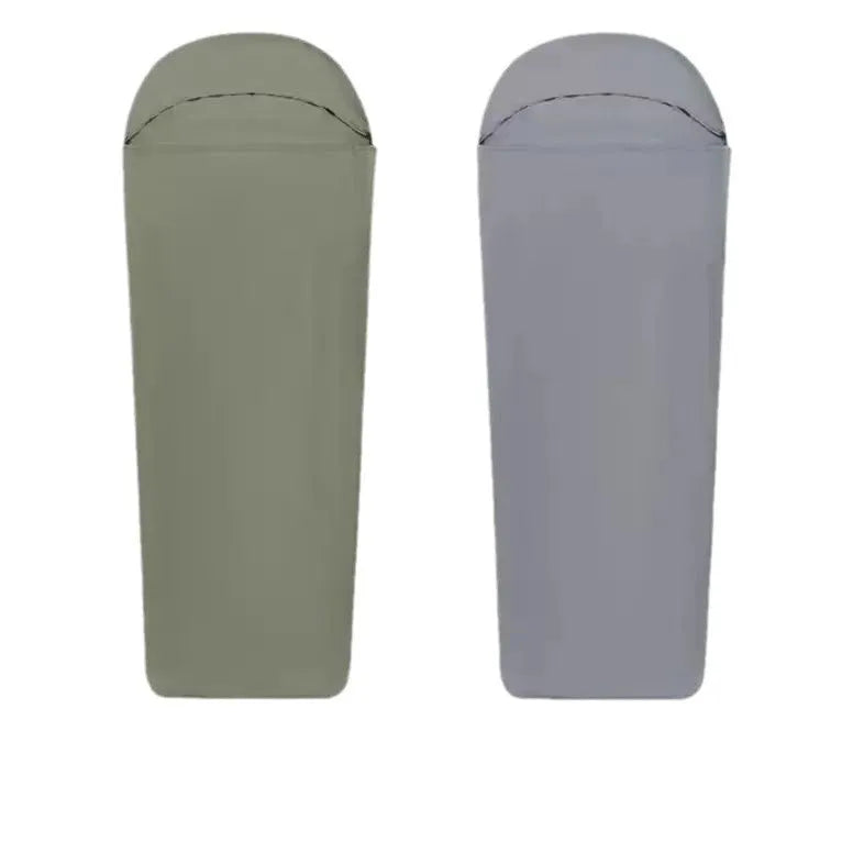 Blue and green lightweight nylon mummy-style camping sleeping bag for adults.