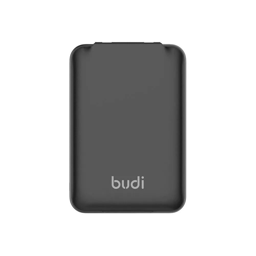 Black budi multi-functional power bank with cables and SIM kit on a table