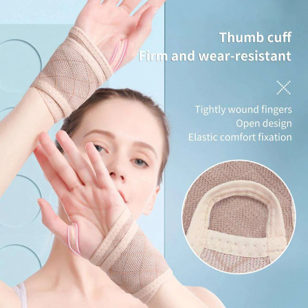 Black adjustable wrist brace for carpal tunnel support with hook-and-loop strap on hand