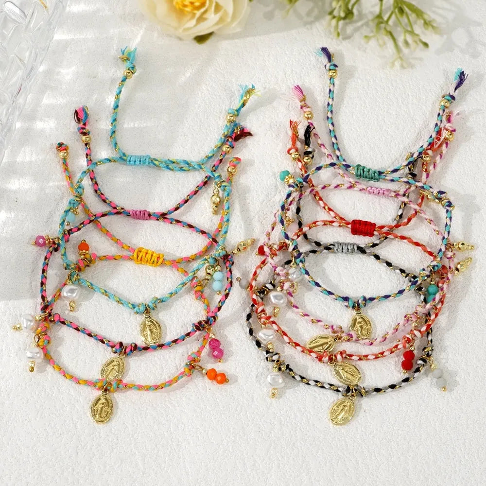Hand-woven colourful braided rope bracelet for women with ethnic carrying strap design