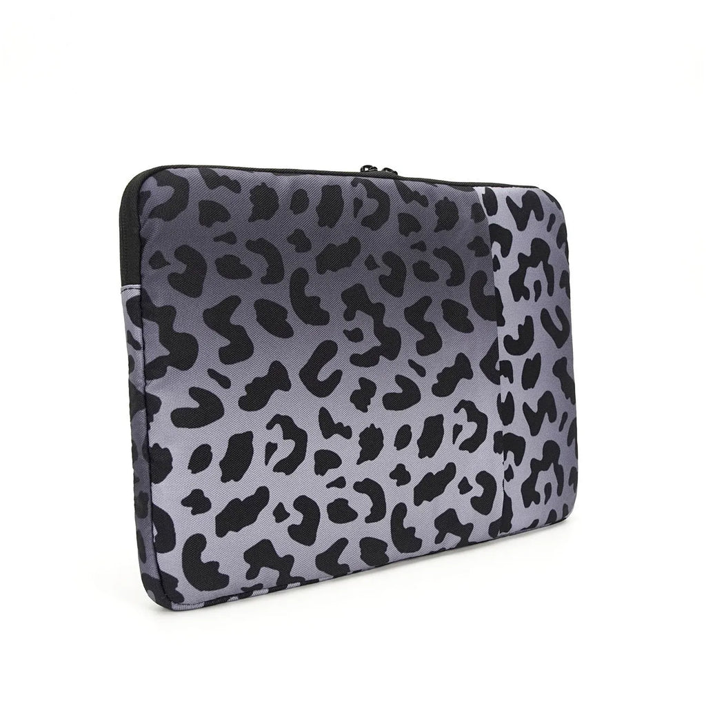 Leopard print laptop sleeve showing anti-shock flannel interior and waterproof polyester exterior for 13-16 inch laptops