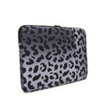 Leopard print laptop sleeve showing anti-shock flannel interior and waterproof polyester exterior for 13-16 inch laptops