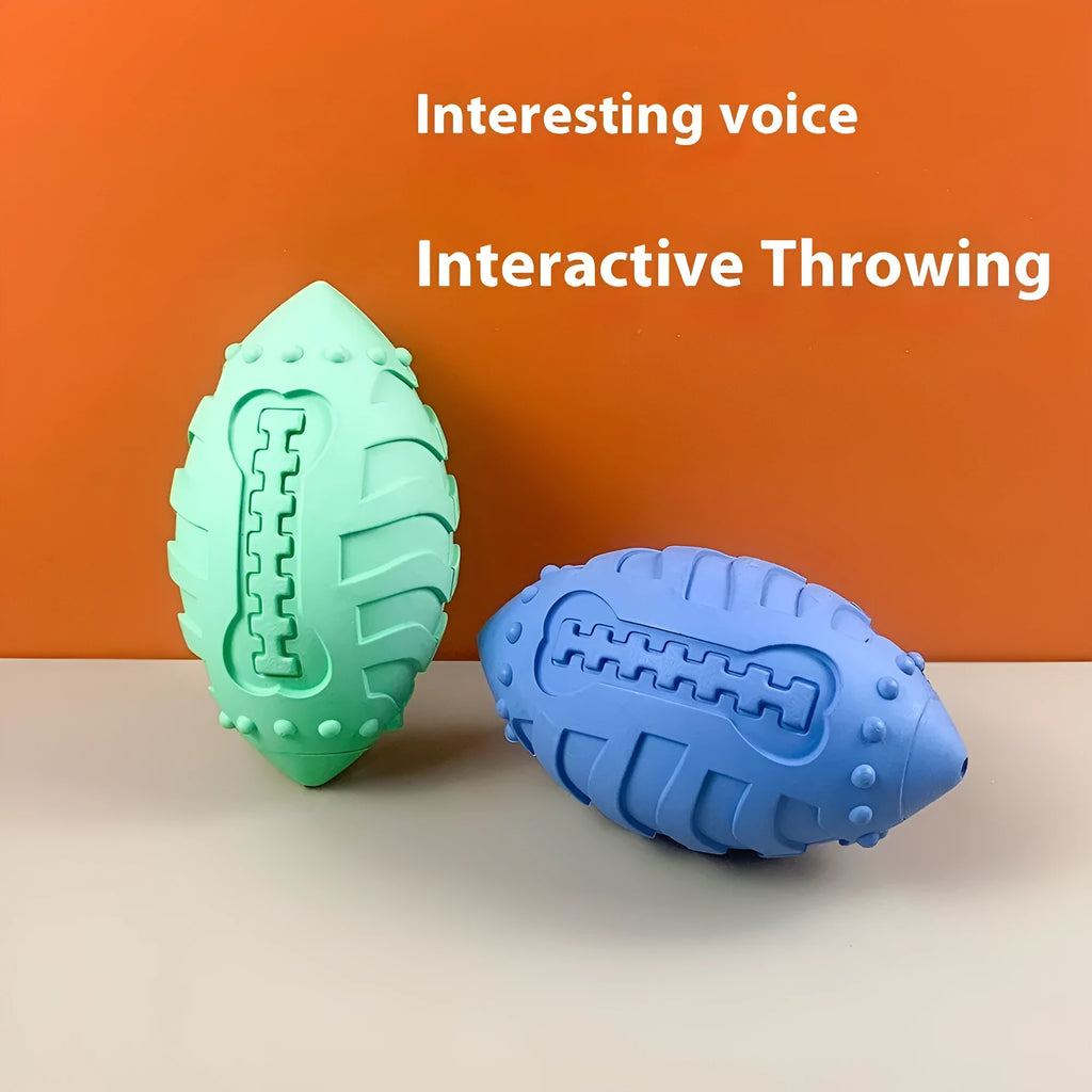 Light green bite-resistant rubber rugby ball dog toy with textured surface for teeth cleaning