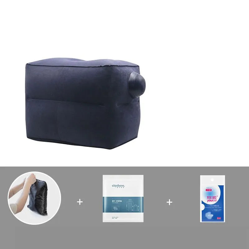 Inflatable foot pad in gray with push-on inflation mechanism and three-layer storage bag for travel and office use