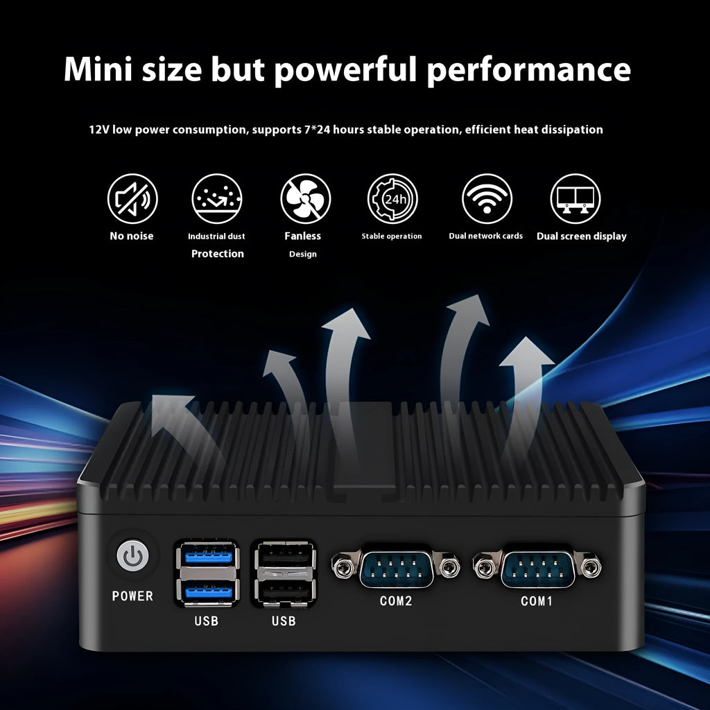 Industrial fanless mini PC in aluminium chassis with quad-core processor and dual network ports