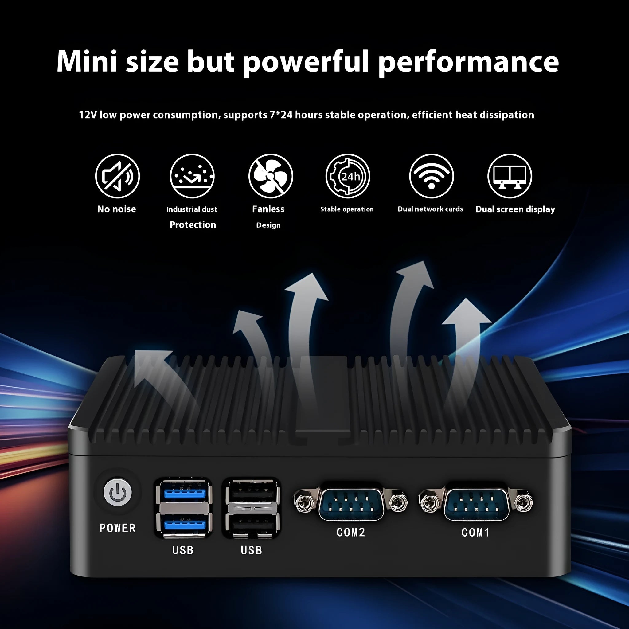 Industrial fanless mini PC in aluminium chassis with quad-core processor and dual network ports