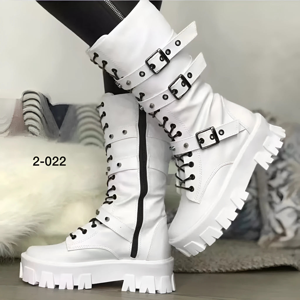 Women's black mid-calf knight boots with a metal buckle and side zip fastening