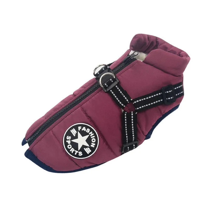 Waterproof dog jacket with composite wool lining, resin back zipper, reflective strap, sizes S to 4XL