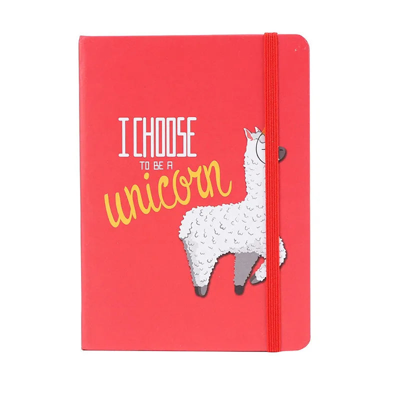 Alpaca cartoon notepad showing A5, A6, A7 sizes with yellow paper pages and mixed colour cover options.