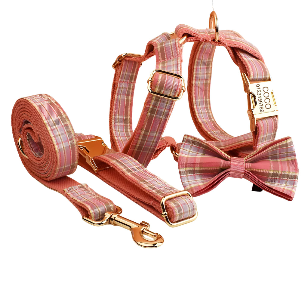 Plaid dog collar and leash set with bow and vest accessories in adjustable sizes