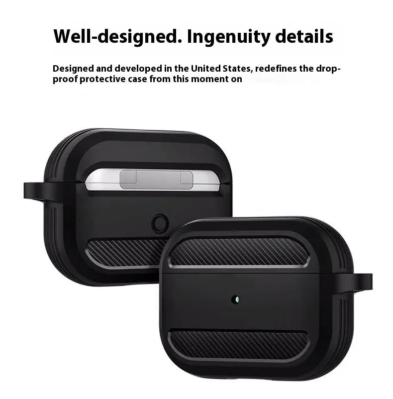 Carbon fibre pattern TPU protective case for AirPods Pro shown in black clamshell style