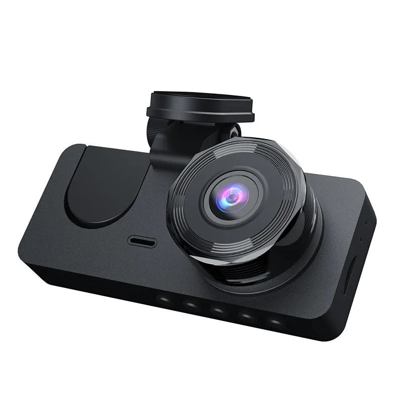 Black touch screen car dash camera mounted on a windscreen, showing a wide 170-degree road view on its display.