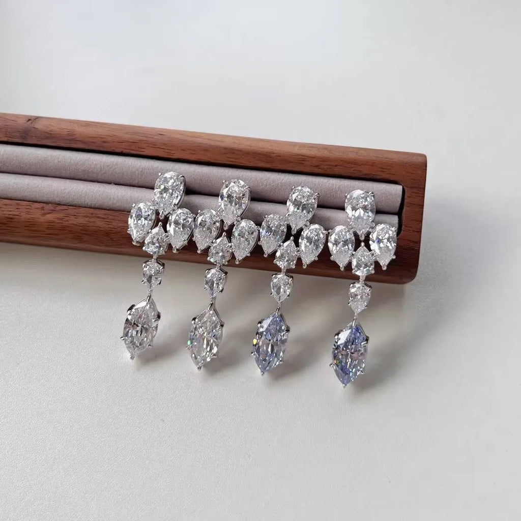 S925 sterling silver raindrop stud earrings in platinum blue diamond electroplated finish