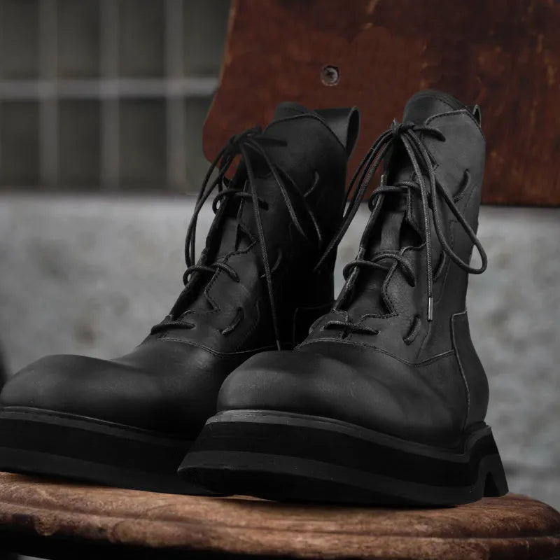 Black mid-top platform boots with PU upper and rubber sole, 3-5cm heel, unisex sizes 38-46