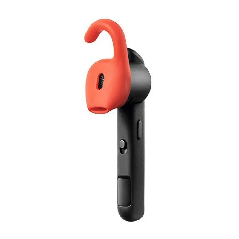 A black or silvery behind-the-ear Bluetooth earphone headset showing its over-the-ear hook design.