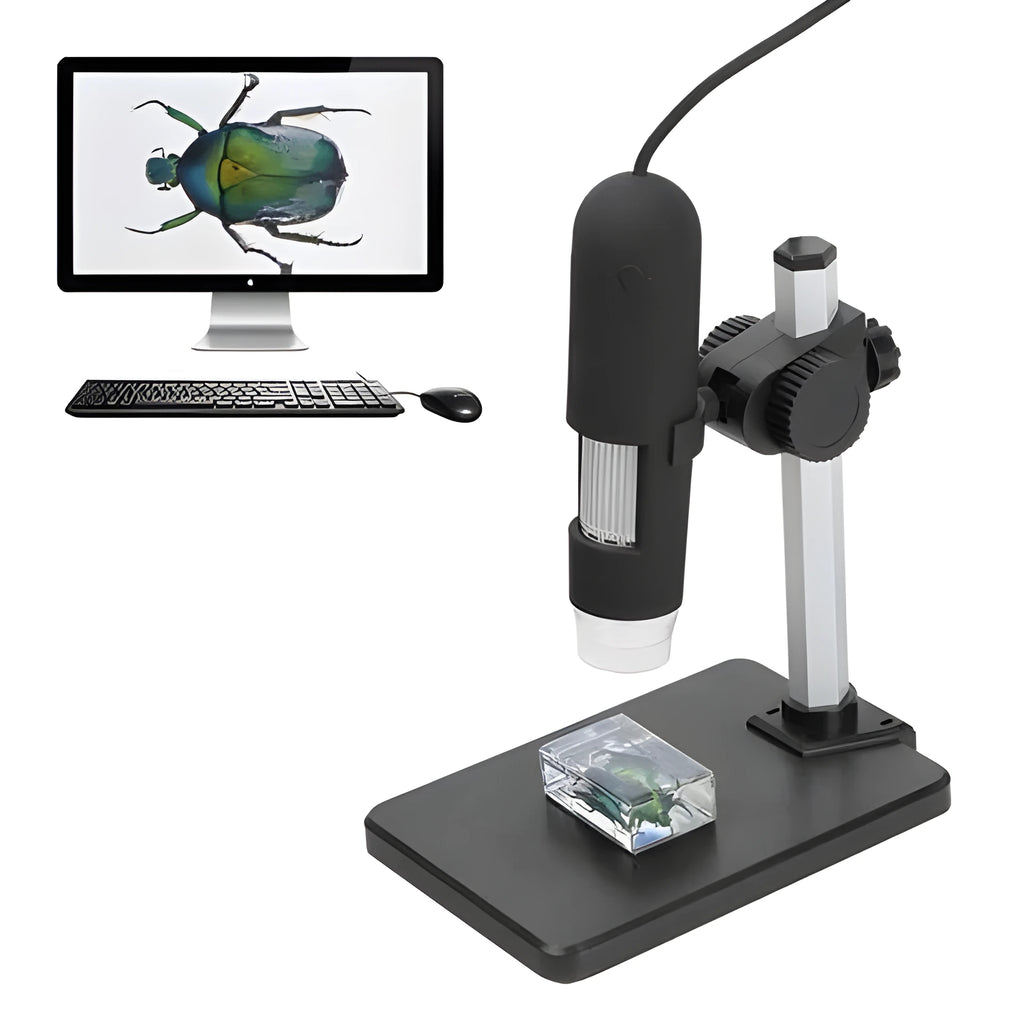 USB microscope camera with 8 white-light LEDs and manual focus ring, black casing, on white background