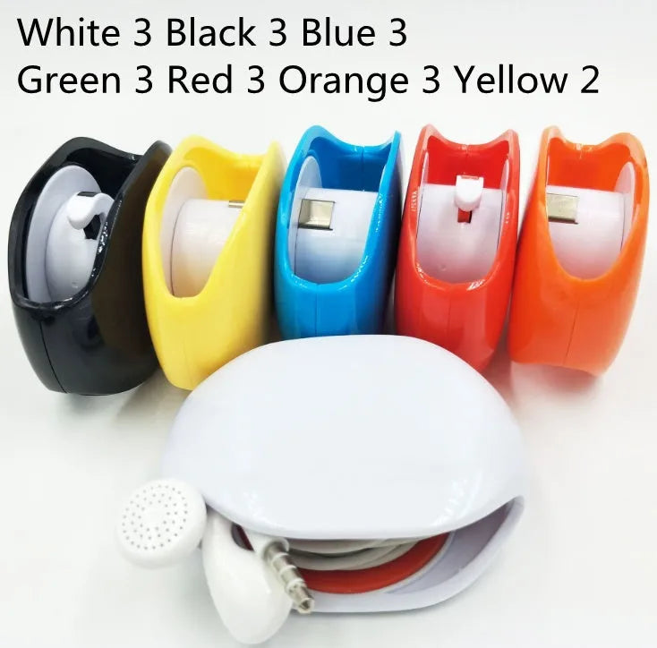 Automatic earphone cable retractor winder in multiple colours on a white background.