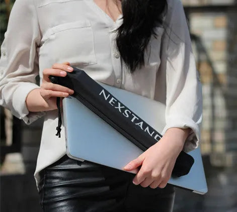 Black folding portable laptop stand made of reinforced nylon with compact folded dimensions