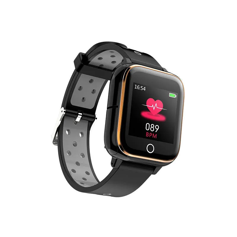 Black smartwatch with integrated Bluetooth earbuds stored in the watch case for fitness tracking and calls.