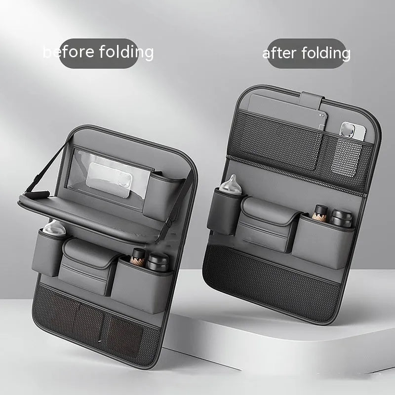 Car seat storage bag with foldable table in leather, hanging behind vehicle seat