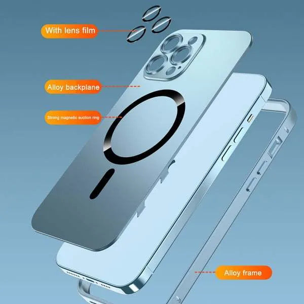 Aluminium alloy frame protective case for iPhone in dark purple, blue, silver, black, and gold colours.