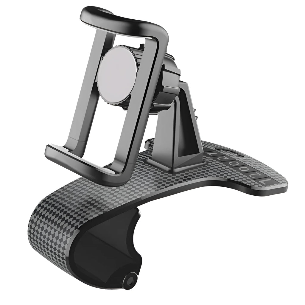 Black car phone mount with 360-degree rotating head and width-adjustable cradle