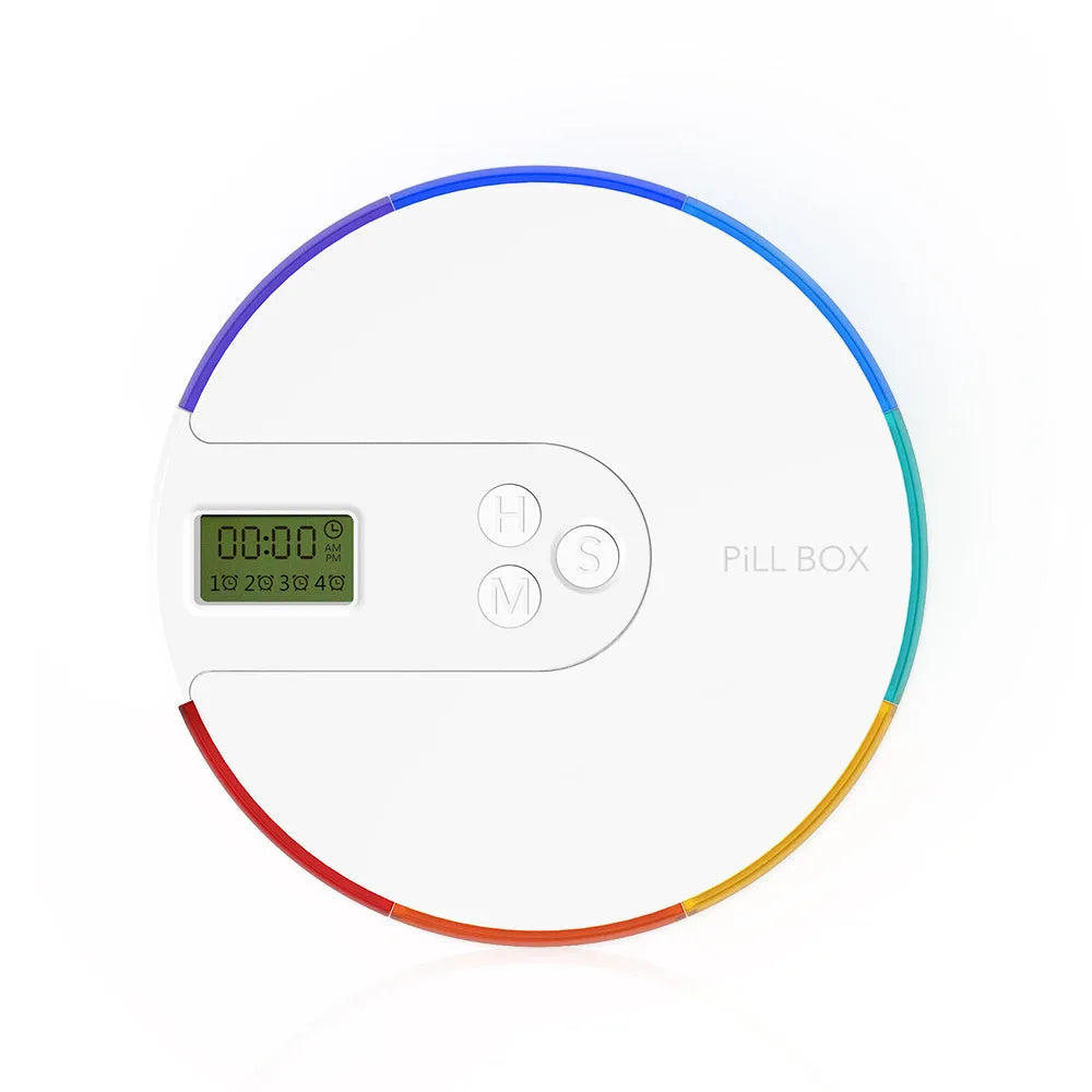 Blue 7-compartment electronic pill dispenser with alarm clock display on a white background.