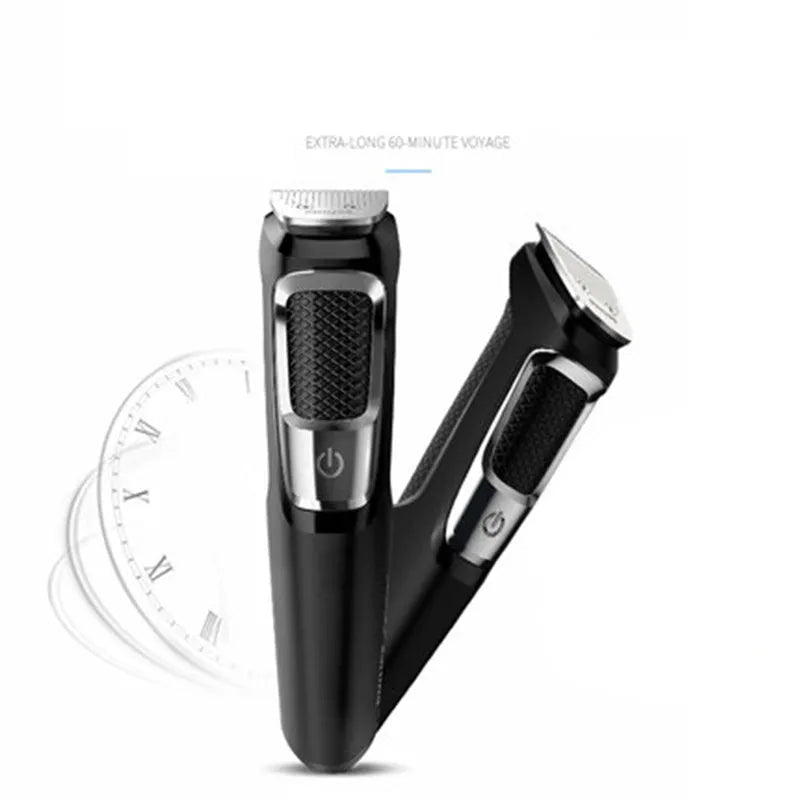 A standard-colour nose and beard hair clipper with a compact design, shown with a cleaning brush.