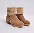 Women's mid-calf suede snow boots in khaki with a round toe and flat heel on a waterproof platform.