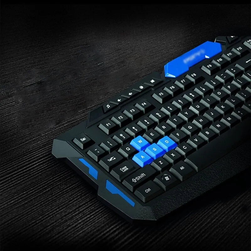 HK8100 2.4G wireless gaming keyboard mouse combo in black and blue with ergonomic design and waterproof feature