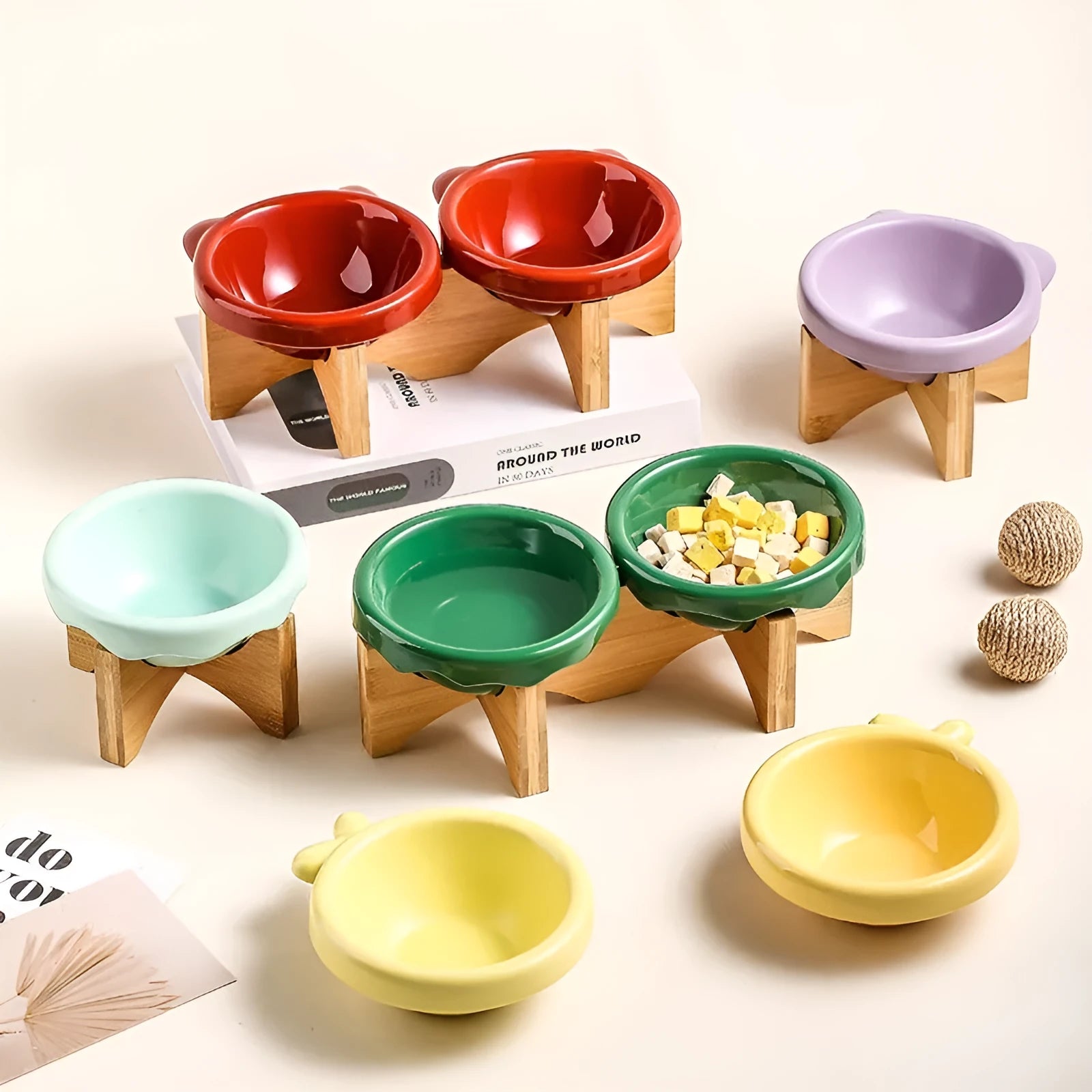 Porcelain cat bowl in matte purple single-grid design on a flat surface
