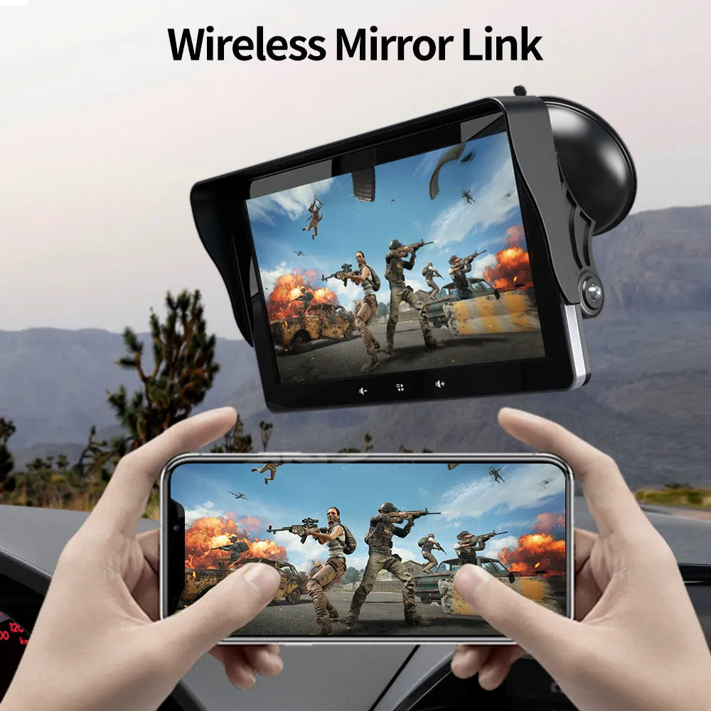 7-inch universal car wireless CarPlay display with suction cup mount on a windscreen.