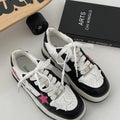 Women Korean style low-top sneakers in solid black, PU leather, round toe, front lace-up