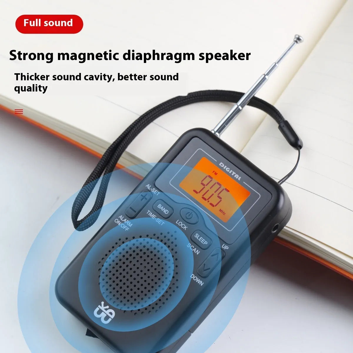 Portable pocket FM AM clock control stereo radio W-206 Black with digital display and built-in speaker on white background