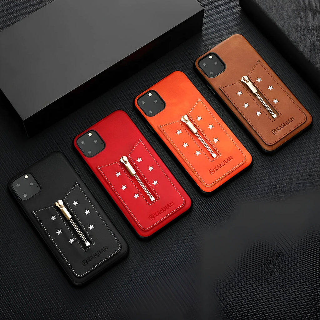 Black PU leather zipper phone case for iPhone with anti-fingerprint finish, shown open.