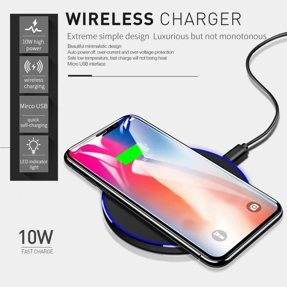 Black ultra-thin wireless fast charging pad measuring 98mm square with USB cable