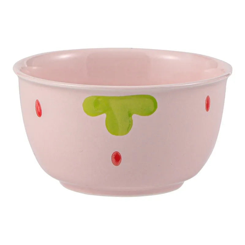 Cute strawberry-themed porcelain dinnerware set with flower bowl, fish dish, plates, and spoon.