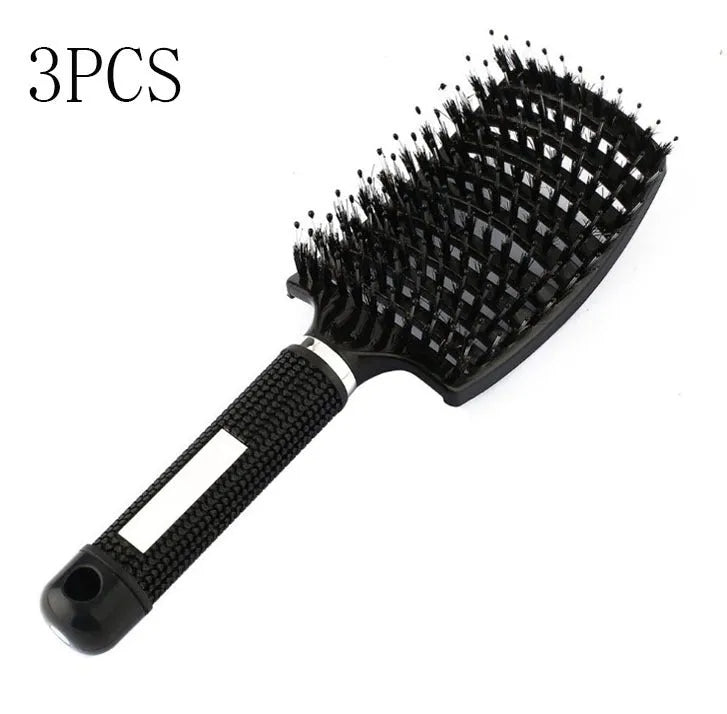 Black bristle and nylon hairbrush with arched comb head and non-slip rubber handle on white background