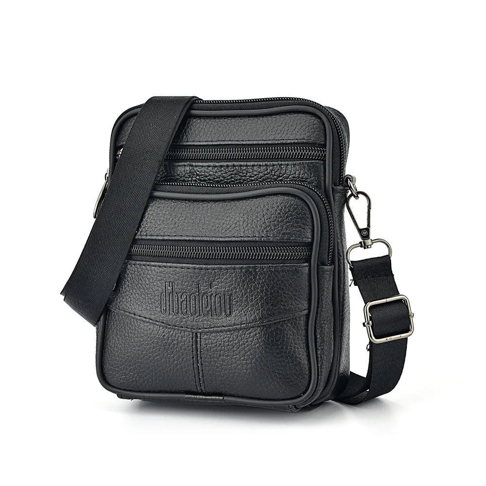 Men's leather waist bag in black or dark brown, worn as waist bag, shoulder messenger bag, or belt pouch