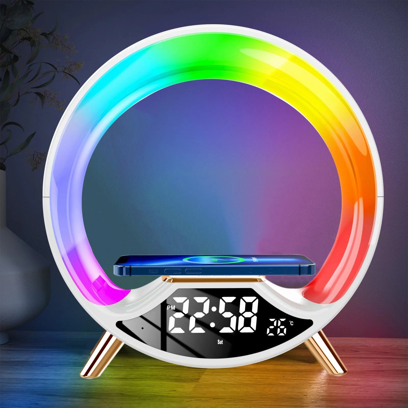 Multifunctional wireless charging Bluetooth speaker night light with clock display on bedside table.