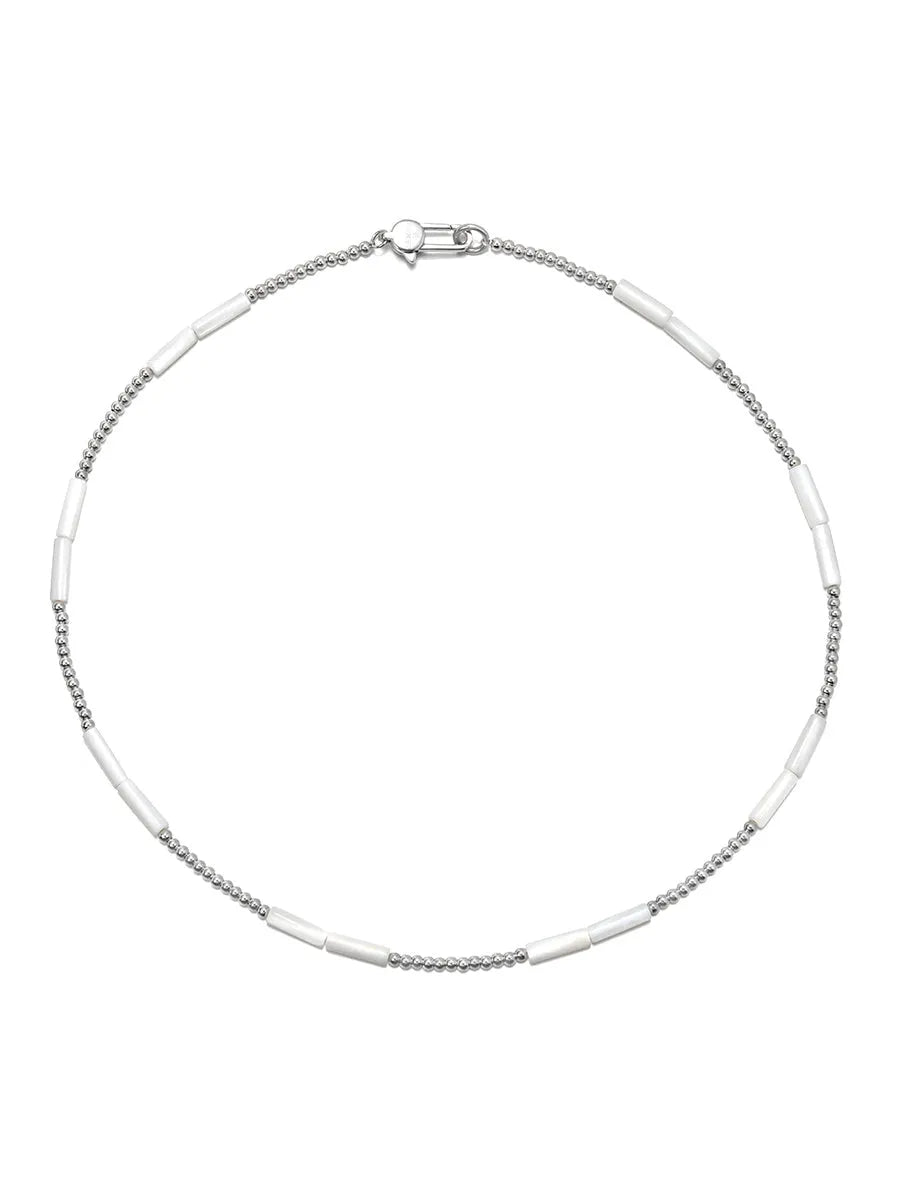 White shell and steel bead necklace, handmade silver collarbone chain in 45cm to 60cm lengths